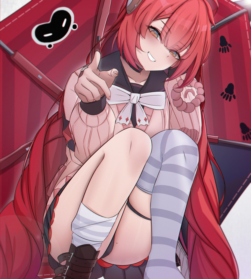 1girl absurdres azmax black_choker black_panties black_shirt black_skirt blush bow bowtie cardigan chinese_commentary choker commentary_request green_eyes grey_socks hair_between_eyes highres holding holding_umbrella layered_skirt long_hair long_sleeves miniskirt over-kneehighs panties pink_cardigan pleated_skirt red_hair red_umbrella school_uniform serafuku shirt simple_background single_over-kneehigh single_thighhigh skirt socks solo squatting thigh_strap thighhighs twintails ukinami_yuzuha umbrella underwear white_background white_bow white_bowtie white_socks zenless_zone_zero