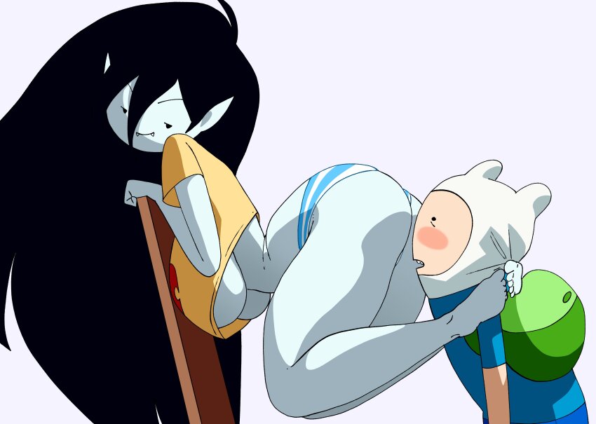 1boy 1girl absurdres adventure_time ass backpack bag barefoot black_hair blue_shirt blush breasts colored_skin fangs finn_the_human grey_skin hat highres inker_comics large_breasts long_hair marceline_abadeer panties pointy_ears shirt simple_background striped_clothes striped_panties thick_thighs thighs underboob underwear vampire yellow_shirt