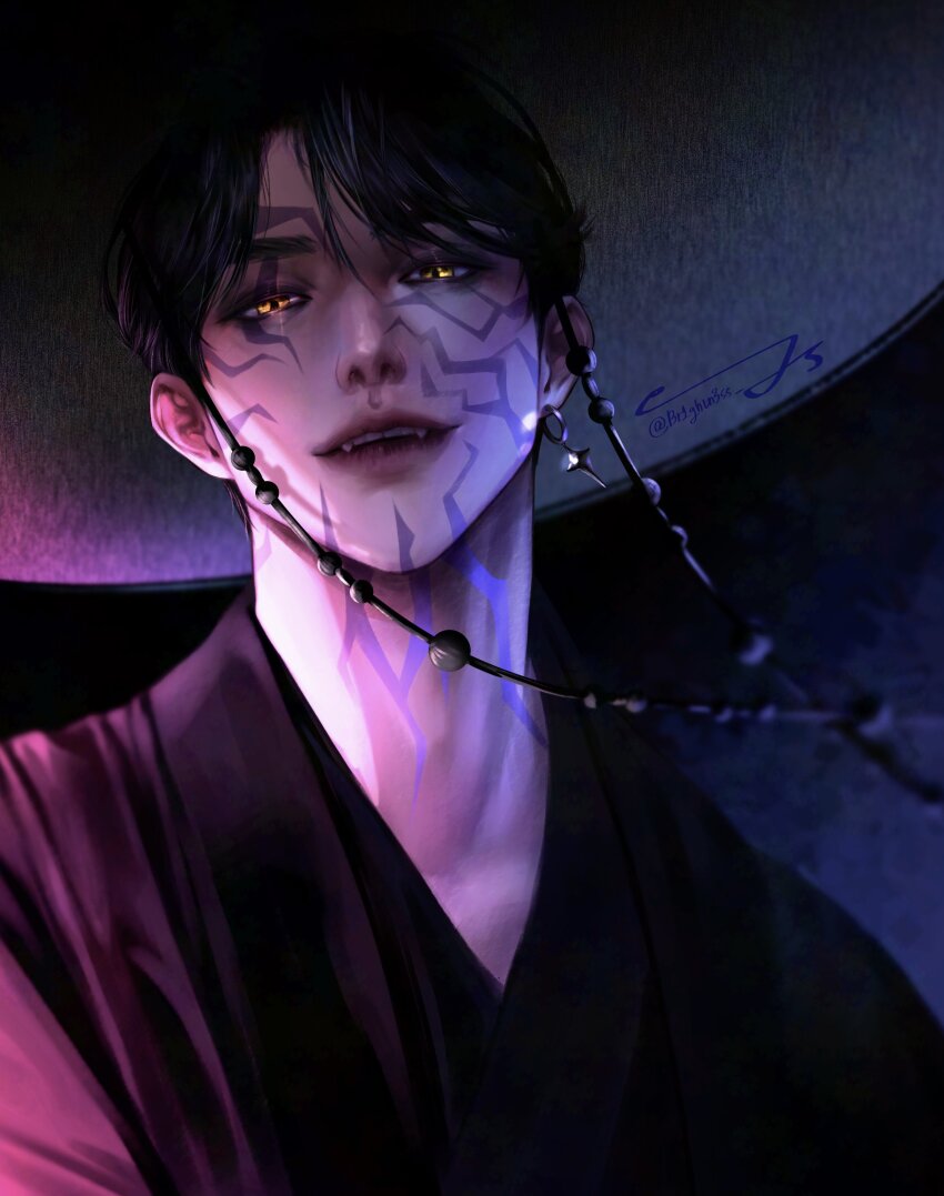 1boy absurdres black_hair black_hanbok br1ghtn3ss earrings eyes_visible_through_hair facial_tattoo fangs gat_(hat) gatkkeun hair_over_one_eye hanbok hat highres jewelry jinu_(kpop_demon_hunters) korean_clothes korean_traditional_hat kpop_demon_hunters looking_at_viewer male_focus parted_lips short_hair slit_pupils solo star_(symbol) star_earrings tattoo teeth upper_body upper_teeth_only yellow_eyes