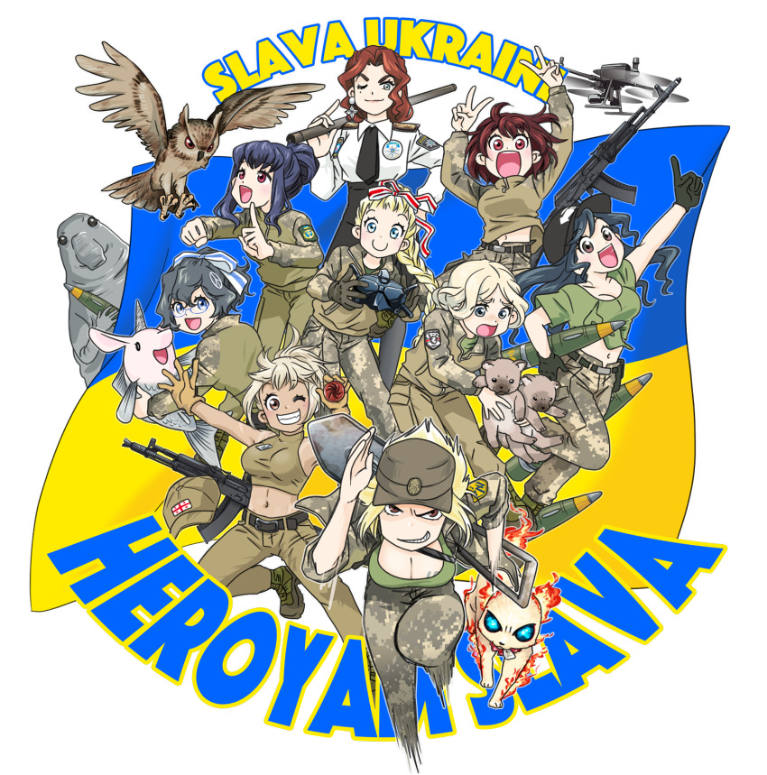 6+girls ak-105 ak-74m ammunition animal anonymous_(japanese) artillery_shell assault_rifle azov_battalion bare_shoulders baton_(weapon) belarus belarusian_flag bird blonde_hair blue_eyes blue_hair boots bow breasts brown_eyes brown_hair camouflage camouflage_jacket camouflage_pants camouflage_shirt cat coat_of_arms combat_boots creature crop_top digital_camouflage directorate_of_intelligence_(ukraine) dog dog_tags double_v drawfag drone emilia_plyaterska english_text eva_(kavunyak) everyone evil_grin evil_smile fish flag flag_print flying georgia_(country) georgian georgian_flag gloves green_tank_top grey_hair grin gun hair_bow hair_bun head-mounted_display high_ponytail highres holding holding_animal holding_jewelry holding_necklace homunculus_loxodontus jacket japanon jewelry jumping kalashnikov_rifle kraken_(japanon) kraken_regiment kupalinka large_breasts lera_(sighttobehold) levchenko_ahapiia_oleksandrivna long_hair looking_at_another looking_back looking_to_the_side marichka medium_breasts military military_fatigues military_patch military_uniform mole mole_under_eye multiple_girls necklace necktie nika_(usergore) one_eye_closed original owl pants patch patriotism paulinka_(japanon) peace_symbol pencil_skirt pet pig pointing pointing_up police police_badge police_uniform policewoman ponytail purple_eyes quadcopter red_eyes rifle running running_towards_viewer russo-ukrainian_war schweinokaras second-party_source shirt short_hair shoulder_patch single_hair_bun skirt slava_ukraini smile soldier strap tank_top tryzub ukrainian_flag unicorn_horn unit_patch v weapon white_hair white_shirt