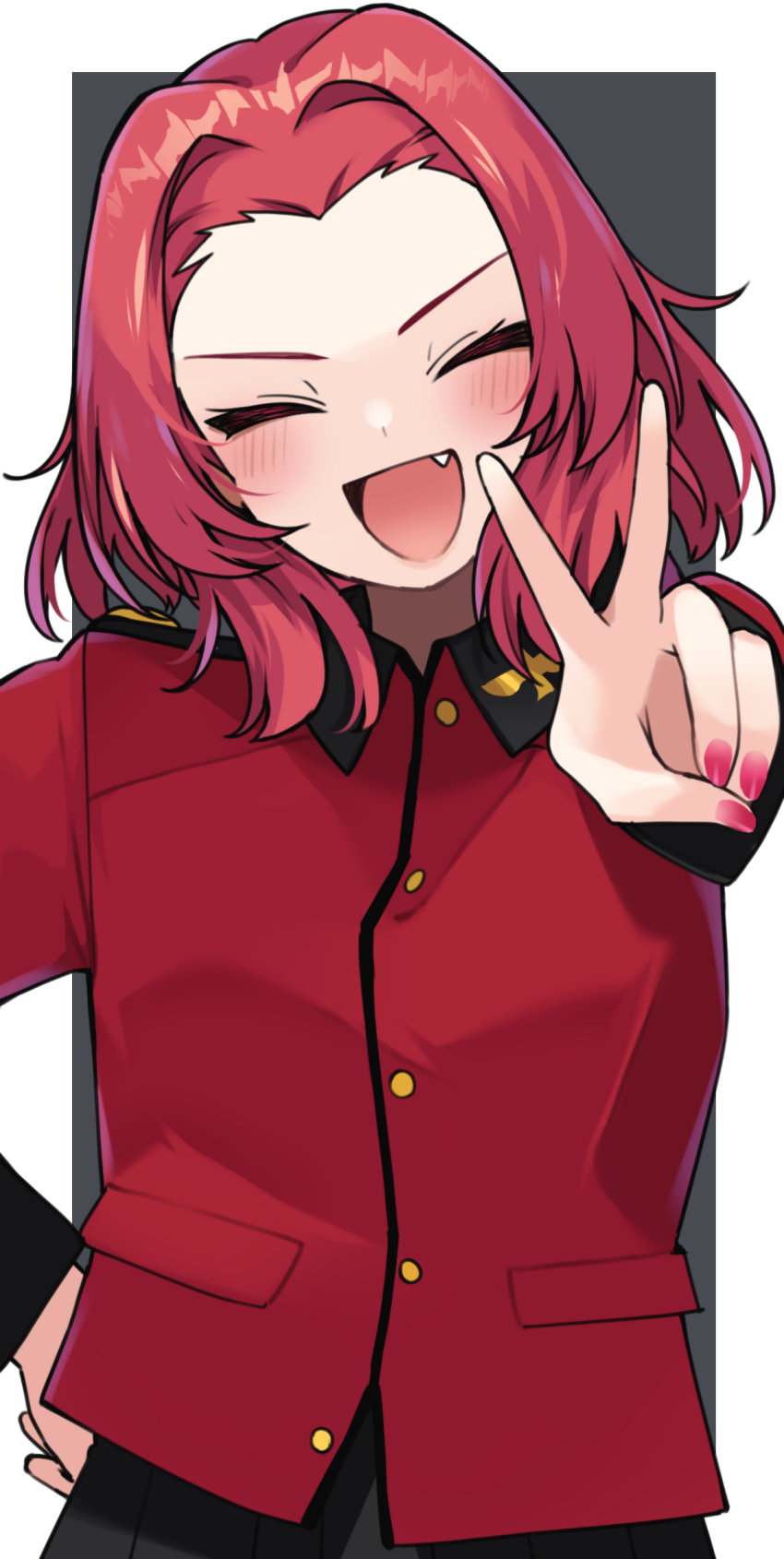 1girl absurdres black_skirt facing_viewer fang girls_und_panzer hand_on_own_hip highres jacket long_sleeves medium_hair military_uniform open_mouth red_hair red_jacket rosehip_(girls_und_panzer) skirt smile solo st._gloriana&#039;s_military_uniform textless_version upper_body v zono_(inokura_syuzo029)