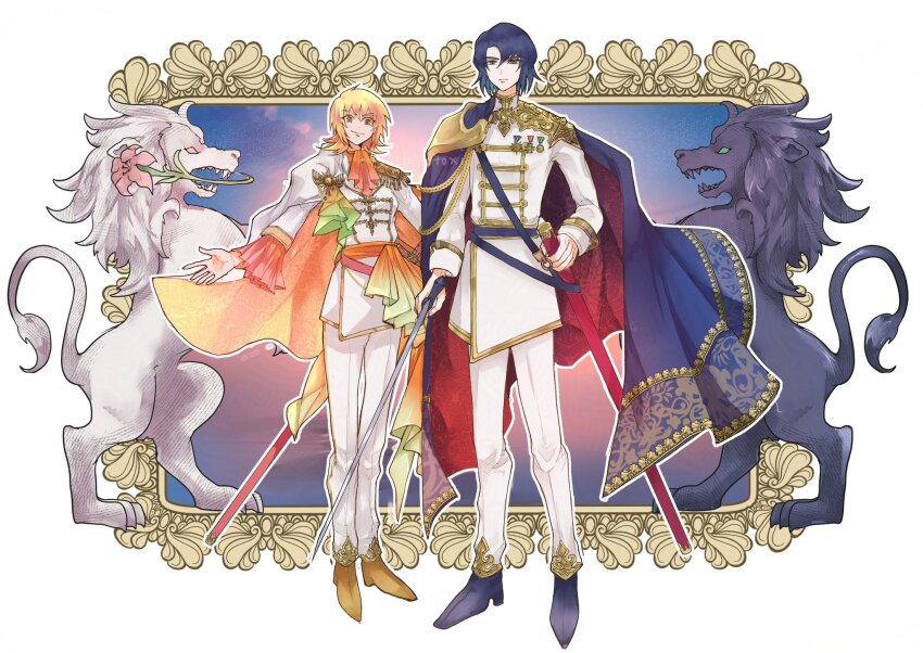1boy 1girl artist_name ascot athrun_zala blonde_hair blue_hair cagalli_yula_athha cape flower flower_in_mouth green_eyes gundam gundam_seed highres holding holding_sword holding_weapon lion looking_at_viewer lunart1024 medal military_uniform orange_ascot short_hair smile sunset sword twitter_username unsheathed watermark weapon white_background yellow_eyes