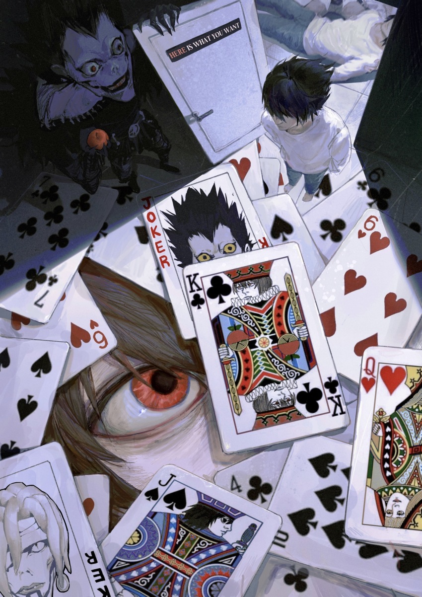 3boys absurdres apple bare_shoulders belt black_belt black_footwear black_hair black_pants black_shirt blue_pants brown_hair card chinese_commentary collarbone commentary_request crazy_grin death_note denim english_text food from_above fruit full_body highres holding holding_food holding_fruit jeans joker_(playing_card) king_(playing_card) king_of_clubs l_(death_note) long_sleeves lying male_focus messy_hair multiple_boys on_back opening_door pants playing_card queen_(playing_card) queen_of_hearts_(playing_card) red_eyes ryuk shirt shoes short_hair standing tile_floor tiles vonlight white_shirt wide-eyed yagami_light