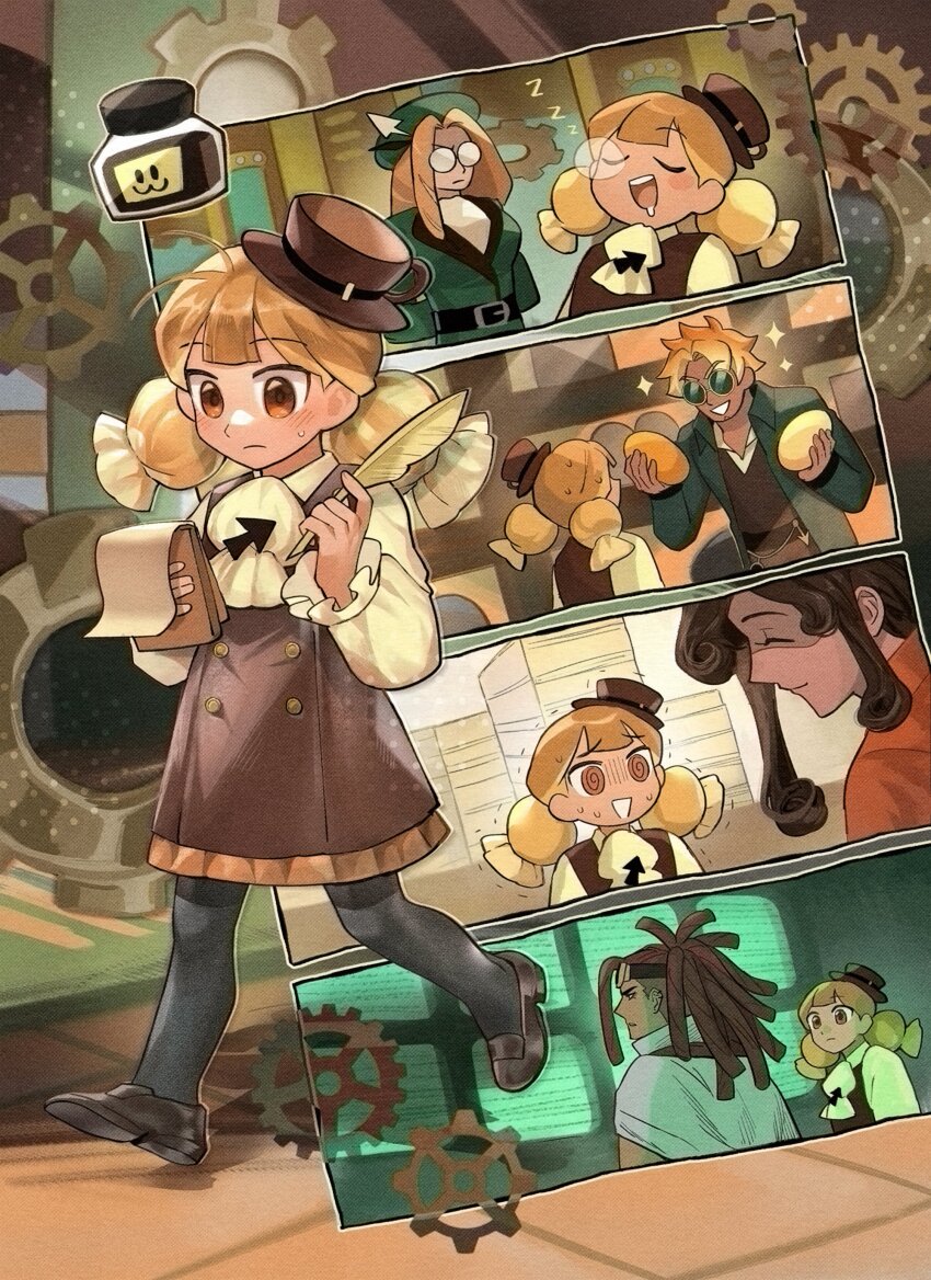 2boys 3girls :3 @_@ absurdres ascot baguette baguette_cookie belt belt_buckle beret black_belt blonde_hair blush bread brown_dress brown_eyes brown_hair brown_shirt buckle candy cape closed_eyes closed_mouth coat coffee_candy_cookie collared_coat collared_dress collared_shirt cookie_run cookie_run:_ovenbreak cup cup_on_head curly_hair dark-skinned_female dark-skinned_male dark_fondue_cookie dark_skin dreadlocks dress drooling ear_piercing food food-themed_hair frilled_sleeves frills frown gears glasses goggles goggles_on_head green-tinted_eyewear green_coat green_dress green_hat hat highres hjoe8 holding holding_notepad holding_quill humanization inkwell long_hair long_sleeves looking_at_another maple_taffy_cookie medium_hair motion_lines mouth_drool multicolored_hair multiple_boys multiple_girls nose_bubble notepad opaque_glasses open_clothes open_coat open_mouth piercing quill red_hair shaded_face shirt short_hair sleeping small_sweatdrop smile sparkle string_gummy_cookie teacup tinted_eyewear trembling twintails welling_inkwell white_cape wrapped_candy zzz
