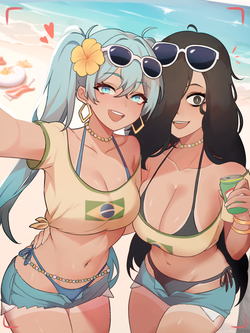 2girls beach bikini blue_hair brazil brazilian_miku brazilian_sadako breasts can cleavage dark-skinned_female dark_skin denim denim_shorts eyewear_on_head ghost hair_over_one_eye hatsune_miku heart highres holding holding_can jewelry laabje long_hair looking_at_viewer multiple_girls navel necklace outdoors selfie shirt shorts smile sunglasses swimsuit tan tanline the_ring twintails vocaloid yamamura_sadako