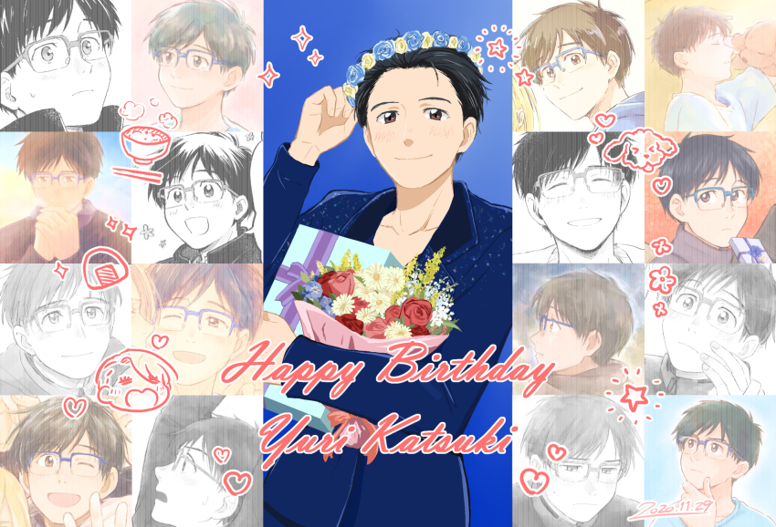 1boy black_hair blue-framed_eyewear blue_flower blue_rose bouquet brown_eyes character_name daisy_(flower) dated flower gift glasses hair_slicked_back happy_birthday head_wreath heart highres katsuki_yuuri makkachin male_focus red_flower red_rose rose sparkle takeshi_(mononohu20) viktor_nikiforov yellow_flower yellow_rose yuri!!!_on_ice