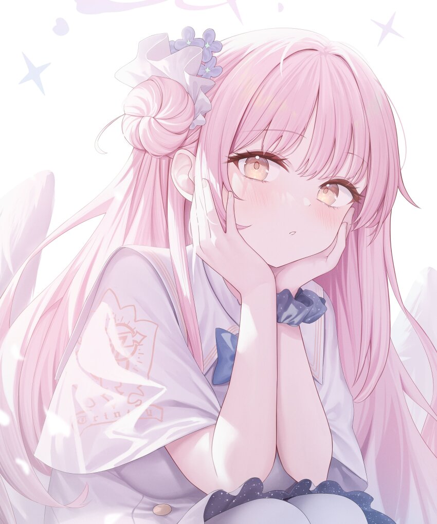 1girl absurdres blue_archive blue_bow blue_bowtie blush bow bowtie capelet commentary_request dress feathered_wings hair_bun hair_intakes halo hands_on_own_cheeks hands_on_own_face head_rest highres long_hair looking_at_viewer low_wings mika_(blue_archive) pantyhose pink_hair pink_halo roi_(liu_tian) scrunchie single_hair_bun single_side_bun solo white_capelet white_dress white_pantyhose white_wings wings wrist_scrunchie yellow_eyes