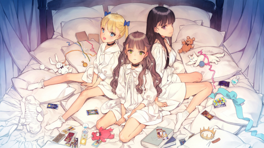 3girls black_hair blonde_hair blue_eyes bobby_socks breasts character_request choker commentary_request cordelia_(machine_child) curtains dress expressionless flat_chest florine_(machine_child) full_body green_eyes grey_hair key_visual looking_at_viewer machine_child multiple_girls official_art ooyari_ashito pillow promotional_art purple_eyes sailor_dress sitting small_breasts smile socks stuffed_animal stuffed_rabbit stuffed_toy teddy_bear twintails white_dress white_socks