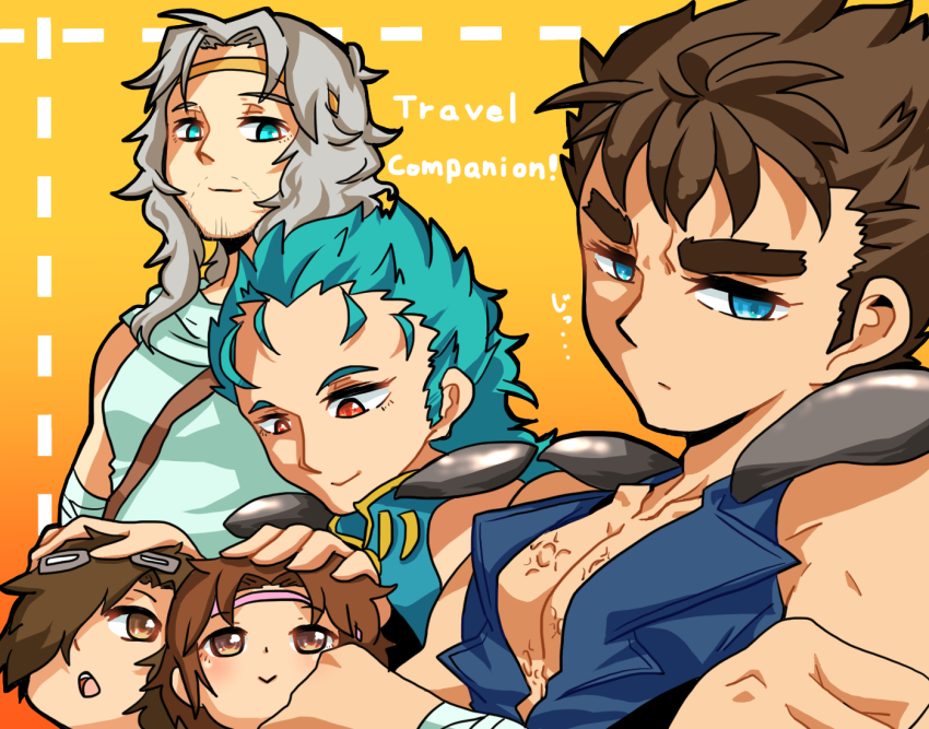 1girl 4boys armband bat_(hokuto_no_ken) blue_hair brown_eyes brown_hair child circlet english_text facial_hair goggles hand_on_another&#039;s_head headband hokuto_no_ken kenshiro lin_(hokuto_no_ken) long_hair looking_at_another looking_back looking_down looking_up male_focus multiple_boys red_eyes rei_(hokuto_no_ken) scar shion_(kokorozashi_on_momo_neko) short_hair shoulder_pads silver_hair smile toki_(hokuto_no_ken) yellow_background