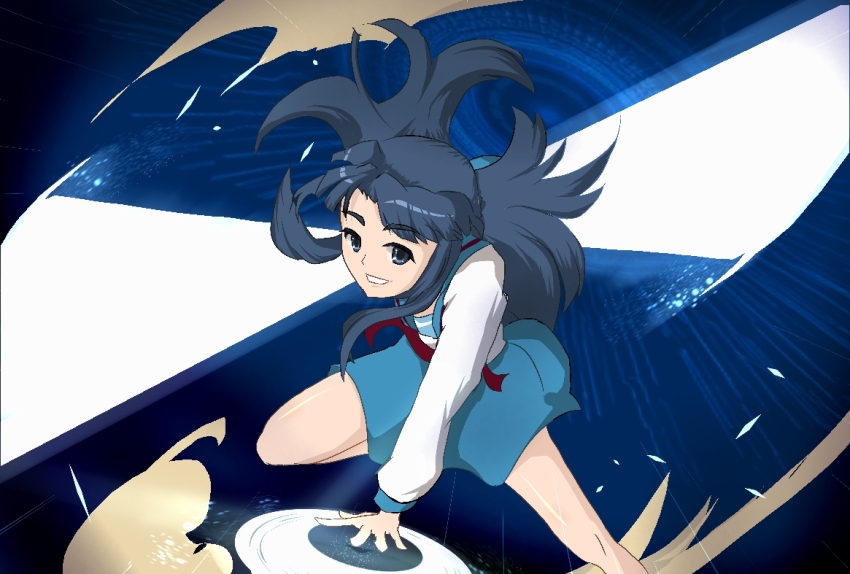 1girl asakura_ryoko blue_eyes blue_hair blue_sailor_collar blue_skirt kita_high_school_uniform knife long_hair long_sleeves multiple_girls parted_bangs sailor_collar sanuki_miyatuc0 school_uniform serafuku skirt smile solo suzumiya_haruhi_no_yuuutsu winter_uniform