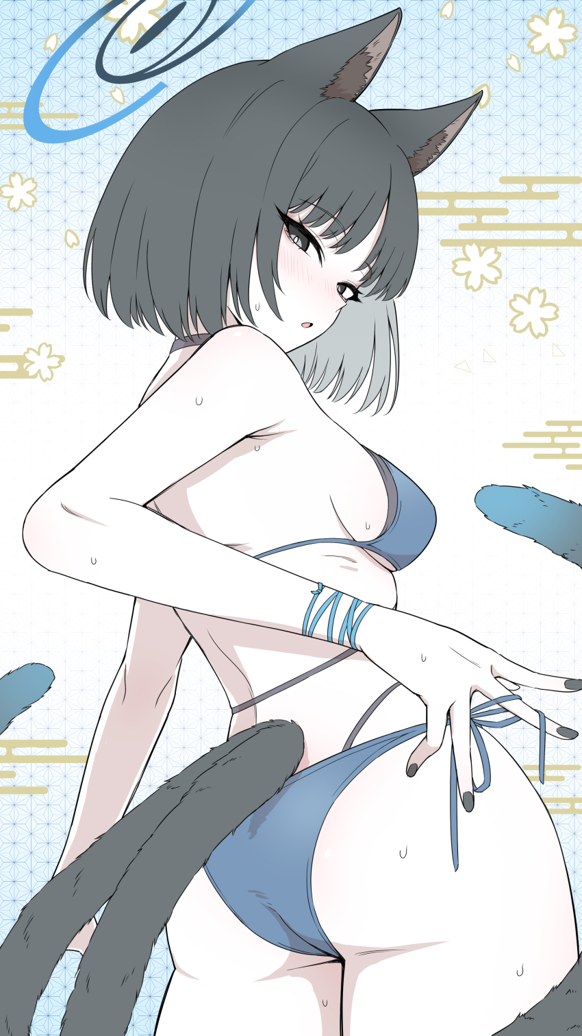 absurdres animal_ears bikini black_eyes black_tail blue_archive blue_bikini blue_halo blue_tail cat_ears cat_girl cat_tail colored_inner_animal_ears gradient_tail halo highres kikyou_(blue_archive) kikyou_(swimsuit)_(blue_archive) kyouka_asuka layered_bikini multi-strapped_bikini_bottom multiple_tails official_alternate_costume swimsuit tail two_tails
