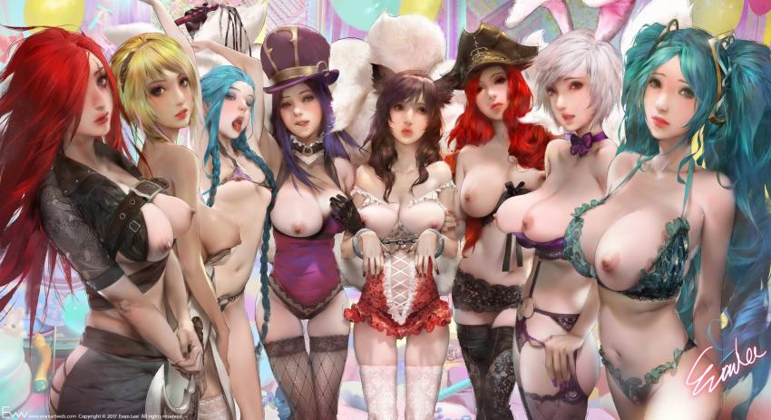 2018 ;p absurdres ahri_(league_of_legends) alternate_costume animal_ears aqua_bra aqua_hair aqua_panties arms_behind_back arms_up artist_name axe battle_bunny_riven belt belt_buckle bicorne bikini black_gloves black_hair black_legwear black_ribbon black_skirt blonde_hair blue_eyes blue_hair bow bra braid breasts brown_eyes brown_nails buckle bustier caitlyn_(league_of_legends) cat_o&#039;_nine_tails center_opening cleavage crop_top cross-laced_clothes cuffs detached_collar dress elementalist_lux evan_lee eyeshadow facial_mark fingernails flower_ornament fox_ears fox_girl fox_tail frilled_bra frilled_panties frills garter_belt gloves gradient_hair green_eyes hair_ornament hair_over_one_eye hairband hand_on_own_chest handcuffs happy_new_year hat highres holding holding_own_arm holding_weapon holding_whip jinx_(league_of_legends) katarina_(league_of_legends) lace lace-trimmed_bra lace-trimmed_legwear lace_legwear lace_trim large_breasts league_of_legends leather leotard light_frown lineup lingerie lipgloss lipstick long_fingernails long_hair looking_at_viewer looking_away lux_(league_of_legends) makeup mascara medium_breasts miniskirt miss_fortune_(league_of_legends) multicolored_bikini multicolored_hair multiple_girls nail_polish navel new_year nipples o-ring o-ring_bottom one_eye_closed open_mouth orange_eyes panties parted_lips pink_lips pout purple_background purple_eyes purple_hair purple_leotard purple_nails purple_panties rabbit_ears realistic red_eyes red_hair red_lips red_nails ribbon riven_(league_of_legends) scar scar_across_eye scar_on_face short_dress short_hair side_slit signature skirt sleeveless sleeveless_dress small_breasts smile sona_(league_of_legends) standing strapless strapless_leotard stretching string_panties swimsuit tail thigh_gap thighhighs tongue tongue_out top_hat twin_braids twintails underwear underwear_only very_long_hair watermark weapon web_address whip whisker_markings white_dress white_hair white_legwear
