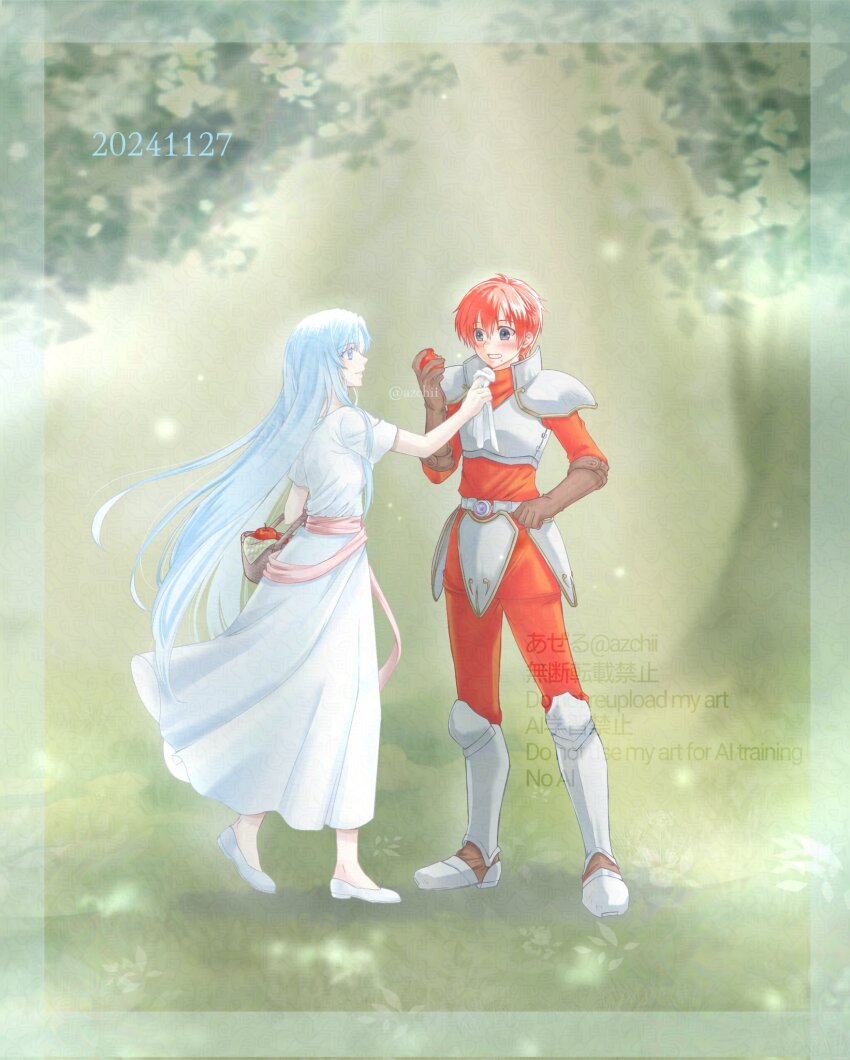 1boy 1girl adol_christin ahoge ancient_ys_vanished apple armor azchii basket black_eyes blue_eyes blue_hair blush border breastplate brown_gloves clothes_lift dated double-parted_bangs dress dress_lift embarrassed feena_(ys) floating_hair food fruit full_body gloves hair_between_eyes highres holding holding_basket holding_food holding_fruit holding_napkin long_hair outdoors pauldrons red_hair short_sleeves shoulder_armor sidelocks simple_background slippers smile transparent_border tree twitter_username very_long_hair watermark white_dress ys