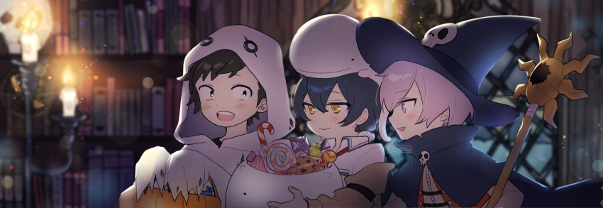 amasawa_keisuke bakemon bakemon_(cosplay) black_eyes black_hair blue_hair cosplay digimon digimon_story:_cyber_sleuth digimon_story:_cyber_sleuth_hacker&#039;s_memory halloween halloween_costume highres long_hair mishima_erika nogi_yu pink_eyes pink_hair short_hair twintails very_long_hair wizarmon wizarmon_(cosplay) yellow_eyes