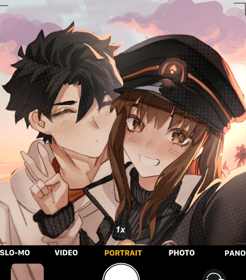 1boy 1girl black_hair blush brown_eyes brown_hair closed_eyes fate/grand_order fate_(series) fujimaru_ritsuka_(male) fujimaru_ritsuka_(male)_(summer_street) grin highres kishinami_hakuno_(female) kishinami_hakuno_(female)_(mooncancer) long_hair long_sleeves looking_at_viewer obazzotto selfie short_hair smile
