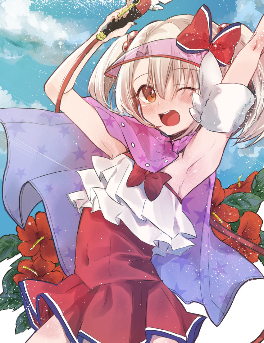 1girl ;d absurdres armpits bare_shoulders blonde_hair blue_sky blush bow covered_navel draw_happy_set dress_swimsuit fate/grand_order fate/kaleid_liner_prisma_illya fate_(series) formal_clothes hair_between_eyes halterneck highres illyasviel_von_einzbern illyasviel_von_einzbern_(swimsuit_archer) illyasviel_von_einzbern_(swimsuit_archer)_(second_ascension) long_hair looking_at_viewer magical_ruby magical_ruby_(hose) one-piece_swimsuit one_eye_closed open_mouth red_bow red_eyes red_one-piece_swimsuit skirt skirt_suit sky smile solo suit swimsuit twintails visor_cap