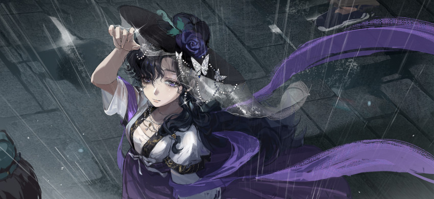 1girl absurdres adjusting_clothes adjusting_headwear alternate_costume black_hair black_hat brick_floor butterfly_hat_ornament chinese_clothes eyelashes flower from_above hagoromo hand_up hanfu hat hat_flower hat_ornament highres isolde_(reverse:1999) long_hair looking_at_viewer purple_eyes purple_flower purple_shawl purple_skirt rain reverse:1999 sangxin-bingkuang_chang_ergouzi shawl skirt solo upper_body very_long_hair weimao
