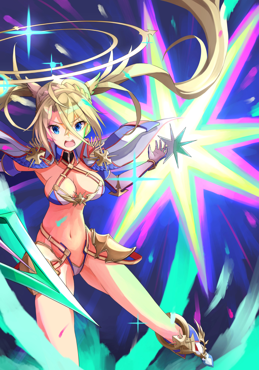 1girl absurdres angry armor bikini_armor blonde_hair blue_background blue_eyes boots bradamante_(fate) bradamante_(third_ascension)_(fate) braid breasts cape crown_braid elbow_gloves fate/grand_order fate_(series) gloves halo highres knee_boots large_breasts legs legs_apart long_hair looking_at_viewer navel open_mouth polearm solo spear star_(symbol) twintails weapon white_cape white_gloves yuniyuni