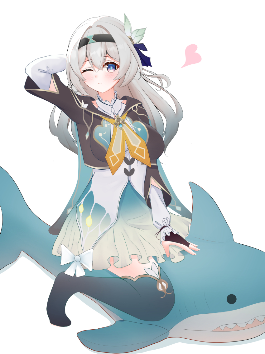 1girl absurdres aqua_hair aqua_skirt aqua_thighhighs arms_behind_head belt black_bridal_gauntlets black_hairband black_jacket black_thighhighs bridal_gauntlets closed_mouth cropped_jacket detached_sleeves firefly_(honkai:_star_rail) full_body gradient_legwear grey_hair hairband heart highres honkai:_star_rail honkai_(series) jacket kneeling knosdeba long_hair long_sleeves multicolored_eyes no_shoes one_eye_closed open_mouth simple_background single_bridal_gauntlet skirt smile solo thighhighs white_background