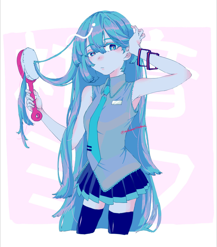 1girl adjusting_hair aqua_eyes aqua_hair aqua_necktie bare_shoulders black_boots black_skirt boots grey_shirt hatsune_miku highres holding holding_brush long_hair looking_at_viewer mikannotsubu miniskirt necktie pleated_skirt shirt skirt sleeveless sleeveless_shirt solo thigh_boots very_long_hair vocaloid