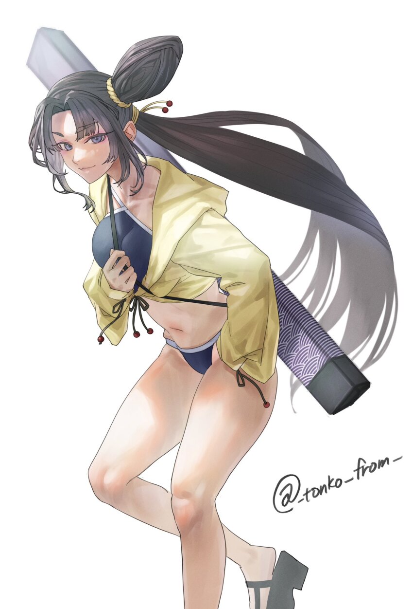 1girl bare_shoulders bikini black_hair blue_bikini blue_eyes breasts collarbone fate/grand_order fate_(series) hair_bun highres jacket jacket_over_swimsuit long_hair looking_at_viewer medium_breasts navel parted_bangs side_ponytail sidelocks single_hair_bun single_side_bun smile solo swimsuit tonko_from twitter_username ushiwakamaru_(fate) ushiwakamaru_(swimsuit_assassin)_(fate) ushiwakamaru_(swimsuit_assassin)_(first_ascension)_(fate) very_long_hair yellow_jacket