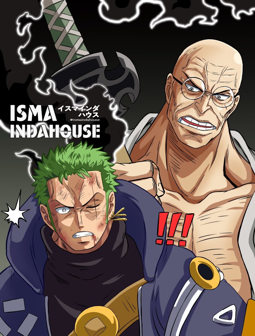 ! !! 2boys artist_name bald clenched_teeth collarbone commentary commentary_request earrings english_commentary ethan-baron_v._nusjuro glasses highres holding holding_sword holding_weapon injury ismaindahouse jewelry katana male_focus mixed-language_commentary multiple_boys official_alternate_costume one_eye_closed one_piece open_clothes open_mouth roronoa_zoro round_eyewear scar scar_across_eye scar_on_face short_hair single_earring sword teeth translation_request twitter_username weapon