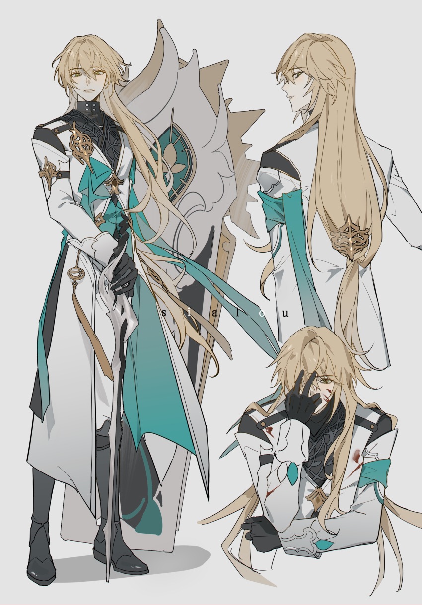 1boy absurdres aqua_armband aqua_vest armband artist_name bishounen black_boots black_gloves black_shirt blonde_hair blood blood_on_clothes blood_on_face boots coat coffin commentary_request covered_mouth from_behind full_body gloves green_eyes grey_background hair_between_eyes hair_ornament hand_on_own_face hand_up highres holding holding_sword holding_weapon honkai:_star_rail honkai_(series) long_hair long_sleeves looking_at_viewer looking_back low-tied_long_hair luocha_(honkai:_star_rail) male_focus multiple_views pants rapier shirt sialou simple_background standing sword vest weapon white_coat white_pants