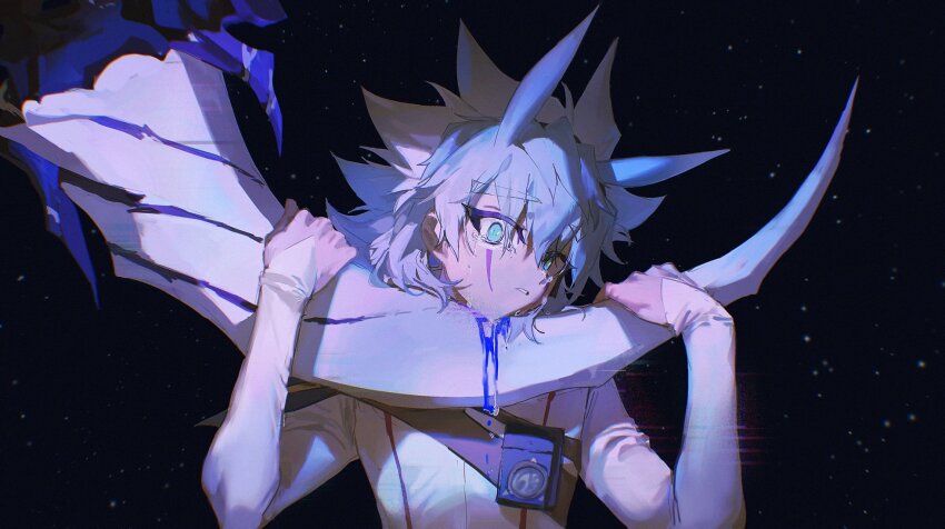 1boy alien_888 black_background blue_eyes blue_hair clawed_hands claws crying crying_with_eyes_open duel_monster facial_mark facing_viewer finger_to_neck gloves hair_over_one_eye highres holding looking_at_viewer male_focus monster night night_sky open_mouth partially_fingerless_gloves radio red_trim shirt single_shoulder_pad sky space spiked_hair star_(sky) streaming_tears tearing_up tears torn_clothes white_arm_warmers white_shirt worried yu-gi-oh! yu-gi-oh!_go_rush!! yudias_velgear