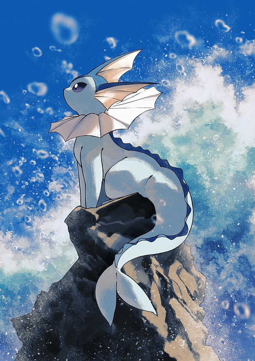 animal_focus blue_sky bubble commentary_request fins foaming_waves forked_tail from_side full_body gen_1_pokemon head_fins highres kuchiba_(jret2454) nintendo no_humans on_rock pokemon pokemon_(creature) rock sky tail vaporeon water waves