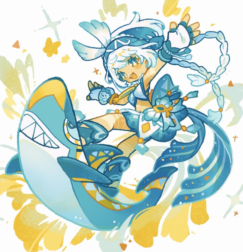 1girl blue_eyes braid breasts dark-skinned_female dark_skin fingerless_gloves full_body genshin_impact gloves harukui highres long_hair midriff mualani_(genshin_impact) multicolored_eyes open_mouth shark smile solo teeth twin_braids two-tone_eyes upper_teeth_only white_gloves white_hair yellow_eyes