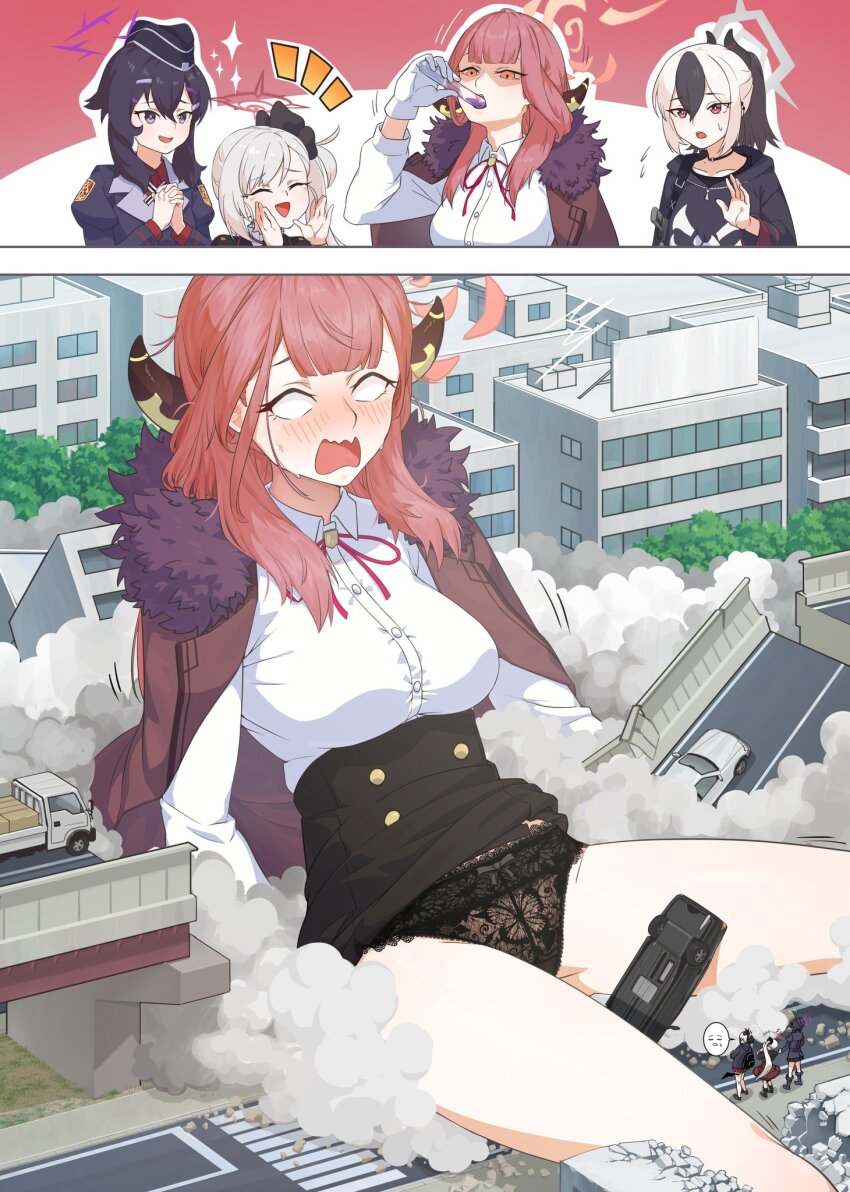 4girls aru_(blue_archive) black_footwear black_hoodie black_panties blue_archive breasts brown_jacket building bush car city destruction drinking flying_sweatdrops fur_collar garrison_cap giant giantess gloves growth hair_ornament hairclip halo haruka_(blue_archive) hat highres hood hoodie horns jacket kayoko_(blue_archive) kei_truck long_hair medium_breasts medium_hair motor_vehicle multicolored_hair multiple_girls mutsuki_(blue_archive) okubyouha55 open_mouth overpass panties ponytail potion problem_solver_68_(blue_archive) purple_eyes purple_hair purple_halo red_eyes red_hair red_halo red_skirt shirt short_hair side_ponytail sidelocks single_wing skirt truck two-tone_hair underwear wavy_mouth white_eyes white_gloves white_hair white_halo white_shirt wings