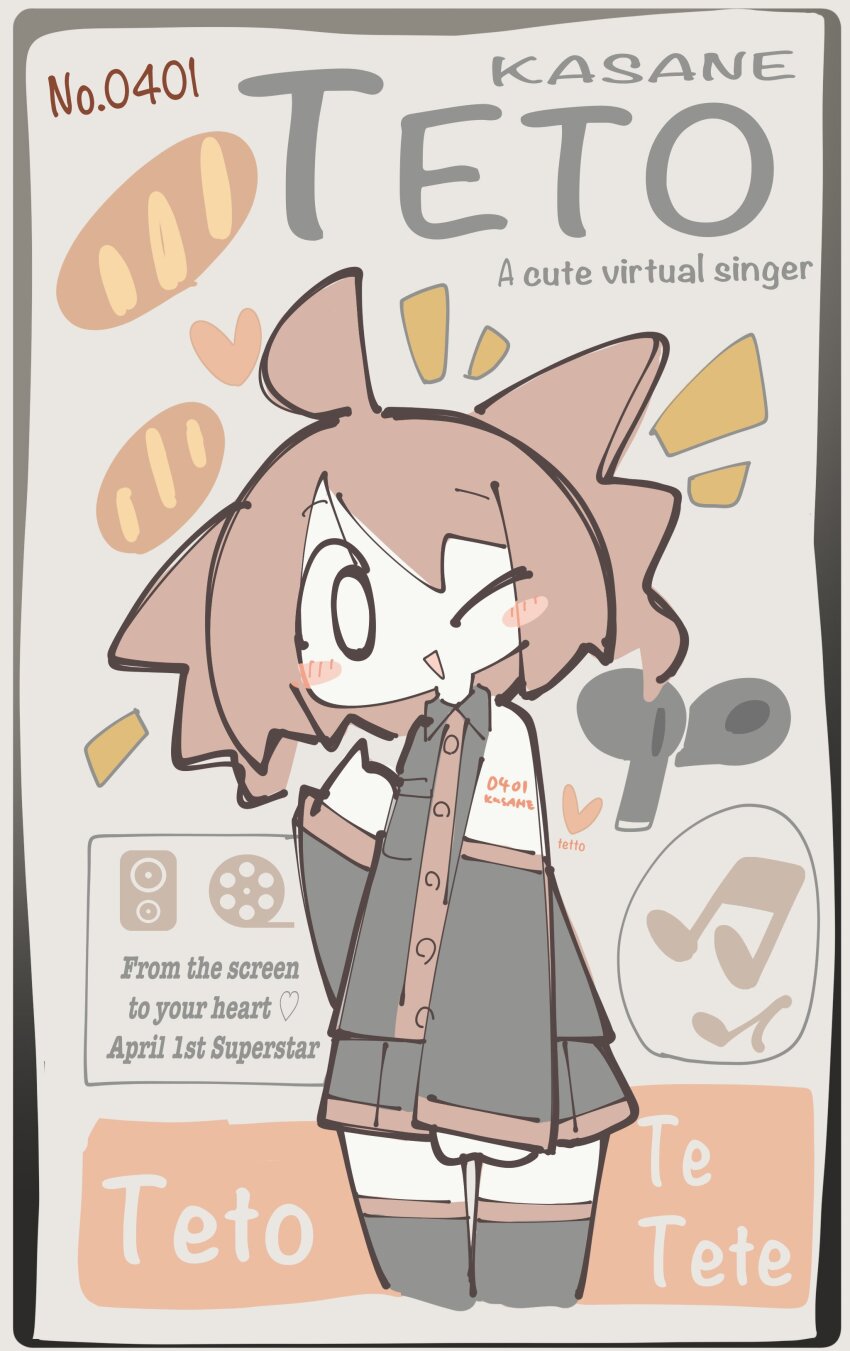 1girl :d absurdres ahoge baguette black_shirt black_skirt black_sleeves black_thighhighs blush_stickers bread breast_pocket buttons collared_shirt cropped_legs detached_sleeves drill_hair english_text flat_color food hair_between_eyes head_tilt heart highres kasane_teto long_sleeves looking_at_viewer mushino_shirase musical_note no_nose no_sclera number_tattoo one_eye_closed open_mouth pocket pointing pointing_at_self poster_(medium) red_hair shirt skirt sleeveless sleeveless_shirt smile solo tattoo thighhighs twin_drills utau