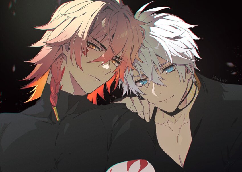 2boys antenna_hair arm_tattoo black_background black_choker black_shirt blonde_hair blue_eyes braid choker collarbone commentary facial_tattoo gradient_hair hair_between_eyes hand_on_another&#039;s_shoulder honkai:_star_rail honkai_(series) leaning_on_person looking_at_viewer male_focus medium_hair multicolored_hair multiple_boys mydei_(honkai:_star_rail) pectoral_cleavage pectorals phainon_(honkai:_star_rail) red_hair red_tattoo shirt short_hair side_braid simple_background smile sun_symbol sun_tattoo tan tattoo toned toned_male toriyoshi turtleneck twitter_username white_hair yellow_eyes