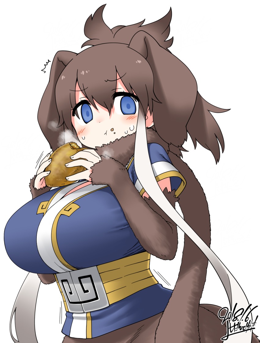 10s 1girl alpha_signature artist_name blue_eyes blush breasts brown_hair dated eating female_focus food highres kemono_friends large_breasts long_hair mammoth_(kemono_friends) mammoth_ears mammoth_tail multicolored_hair pirozhki ponytail scarf simple_background solo two-tone_hair upper_body white_background white_hair yoshida_hideyuki