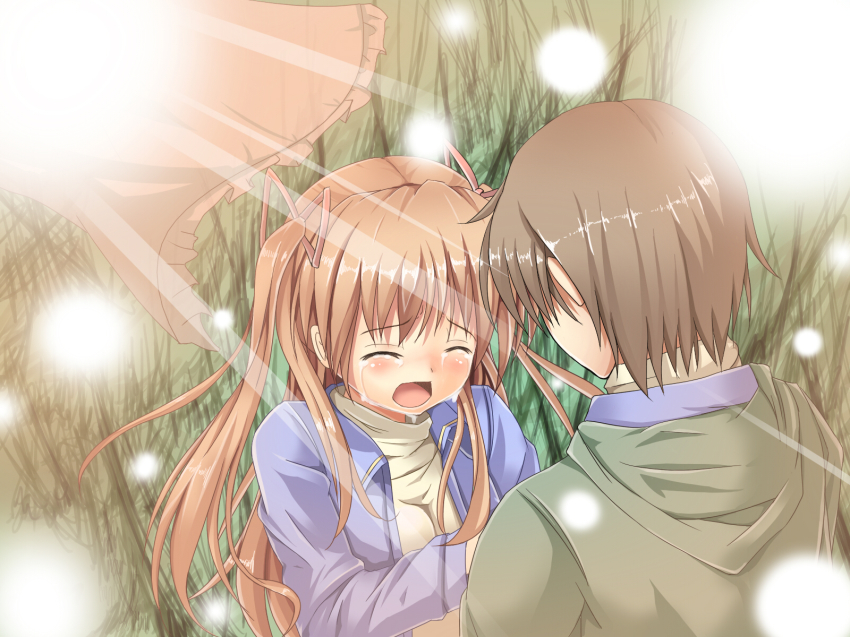 1boy 1girl abe_(roiz) aizawa_yuuichi bad_id bad_pixiv_id brown_hair closed_eyes grass highres kanon long_hair sawatari_makoto sparks tanishi tears