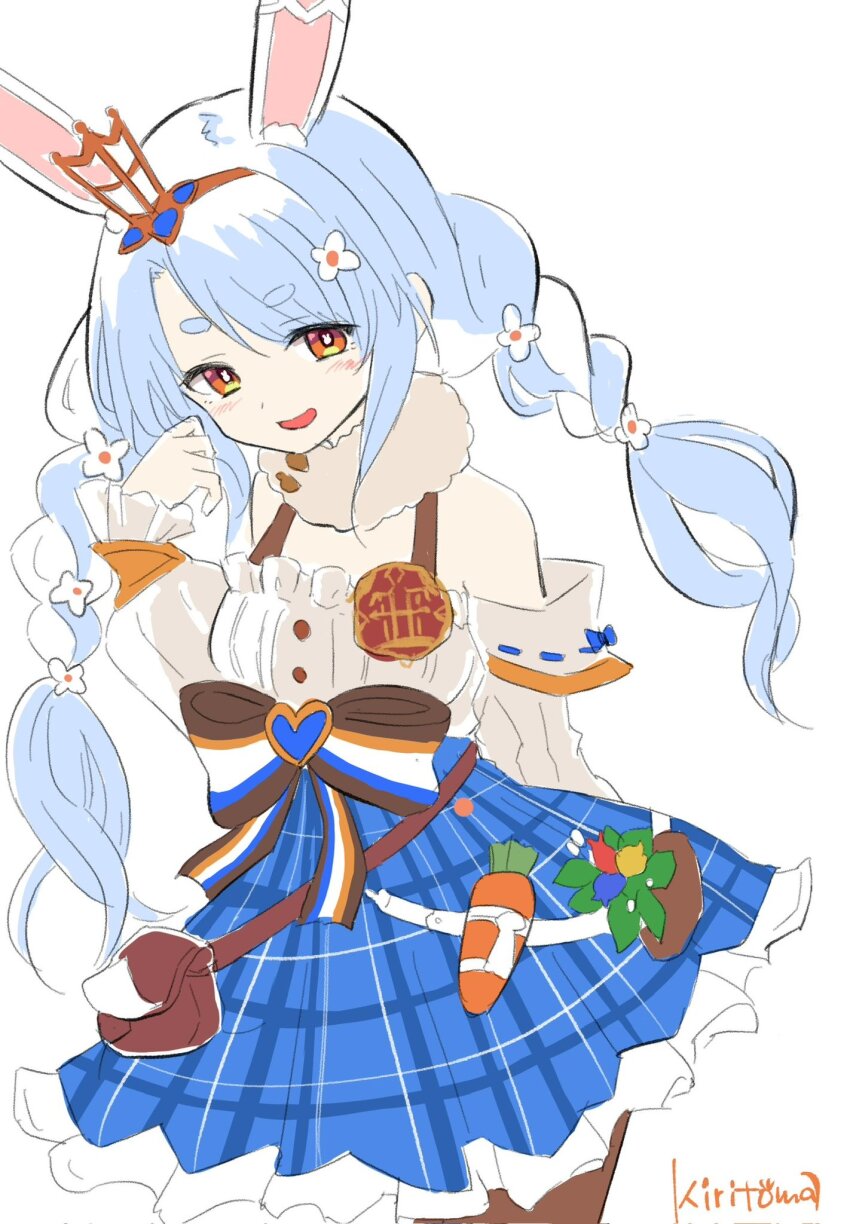 1girl :d animal_ear_fluff animal_ears bare_shoulders blue_hair blue_skirt bow braid breasts brown_pantyhose commentary_request flower frilled_skirt frills hair_flower hair_ornament hand_up highres hololive kiritoma long_sleeves multicolored_hair off-shoulder_shirt off_shoulder open_mouth orange_eyes pantyhose plaid_clothes plaid_skirt puffy_long_sleeves puffy_sleeves rabbit-shaped_pupils rabbit_ears shirt short_eyebrows signature simple_background skirt sleeves_past_wrists small_breasts smile solo striped_bow symbol-shaped_pupils thick_eyebrows twin_braids twintails two-tone_hair usada_pekora usada_pekora_(reality_fantasy) virtual_youtuber white_background white_flower white_hair white_shirt
