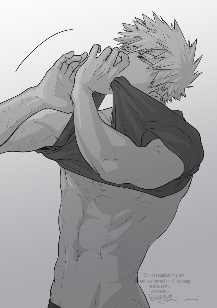 1boy abs absurdres arms_up bakugou_katsuki boku_no_hero_academia clothes_lift commentary cowboy_shot dressing fingernails greyscale highres looking_up male_focus monochrome multiple_scars navel oroshi_mi scar scar_on_arm scar_on_chest shirt_lift short_hair solo symbol-only_commentary toned toned_male watermark