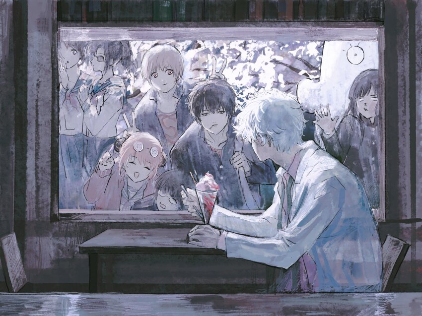 1boy ^_^ alternate_universe black_hair chair cherry_blossoms closed_eyes crowd curly_hair elizabeth_(gintama) eyepatch facing_away food from_front from_inside from_side gakuran gintama glass glasses herztierr highres hijikata_toushirou holding holding_spoon indoors jacket kagura_(gintama) katsura_kotarou knocking long_hair looking_outside multiple_boys multiple_girls muted_color okita_sougo onlookers open_clothes open_jacket parfait sakata_gintoki school_uniform serafuku shimura_shinpachi shimura_tae short_hair smile smoking spoon strawberry_parfait table teacher teacher_and_student upper_body v white_hair white_jacket window yagyuu_kyuubei