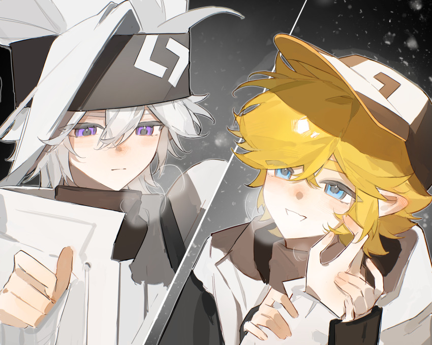 2boys aotu_world bishounen black_hat black_headband blonde_hair blue_eyes blush breath chinese_commentary coat grey_(aotu_world) grin hair_between_eyes hand_on_another&#039;s_face hat headband highres hood hoodie jacket king_(aotu_world) konidog long_sleeves looking_at_another looking_at_viewer male_focus multiple_boys parted_lips pointy_ears purple_eyes scarf short_hair smile snowing upper_body white_coat white_hair white_hoodie yaoi