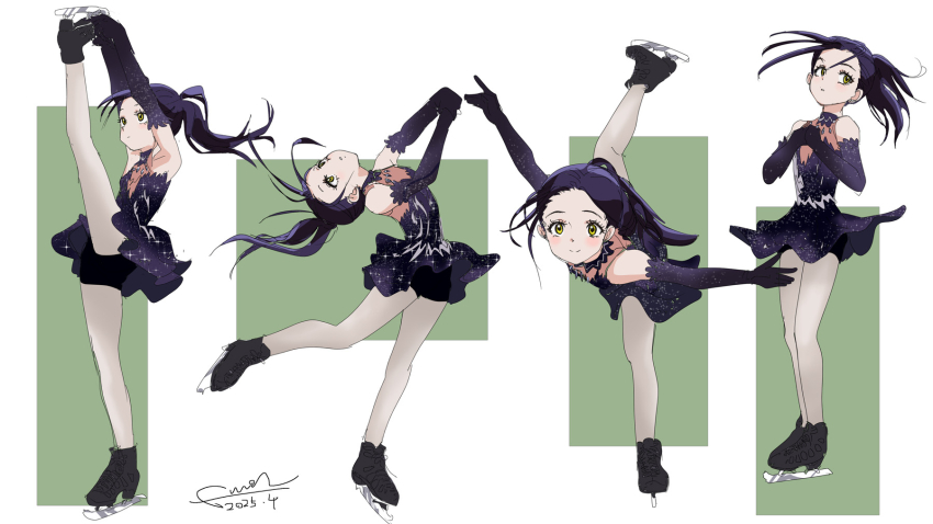 1girl black_dress black_hair blush dress figure_skating figure_skating_dress full_body fumi-a highres ice_skates kamisaki_hikaru long_hair medalist_(manga) multiple_views pantyhose ponytail skates smile split standing standing_on_one_leg standing_split white_pantyhose yellow_eyes