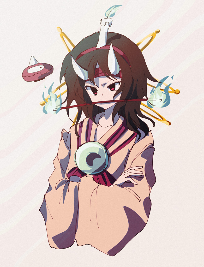 1other absurdres androgynous atoymk black_hair blue_fire brown_kimono burabura candle_on_head crossed_arms fire hair_ornament hairband hairclip headband highres horns japanese_clothes kimono len&#039;en long_sleeves medium_hair mouth_hold object_on_head other_focus red_eyes red_hairband red_headband taira_no_chouki upper_body white_horns wide_sleeves