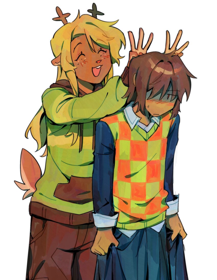 1girl 1other animal_ears black_hood black_pants black_shirt black_skirt blonde_hair blush brown_hair checkered_clothes checkered_sweater_vest collared_shirt commentary cosplay costume_switch deer_ears deer_girl deer_tail deltarune english_commentary goomyloid green_hoodie hair_over_one_eye highres hood hoodie kris_(deltarune) kris_(deltarune)_(cosplay) long_sleeves noelle_holiday noelle_holiday_(cosplay) open_mouth pants red_eyes shirt short_hair skirt skirt_hold smile tail white_shirt
