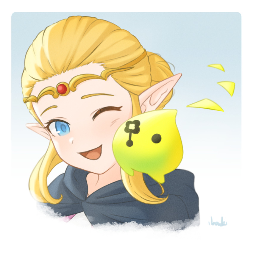 1girl absurdres black_cape blonde_hair blue_eyes cape commentary creature gradient_background hair_bun highres hood hood_down hooded_cape ibouki looking_at_viewer nintendo one_eye_closed open_mouth pointy_ears princess_zelda smile the_legend_of_zelda the_legend_of_zelda:_echoes_of_wisdom tiara tri_(zelda) upper_body