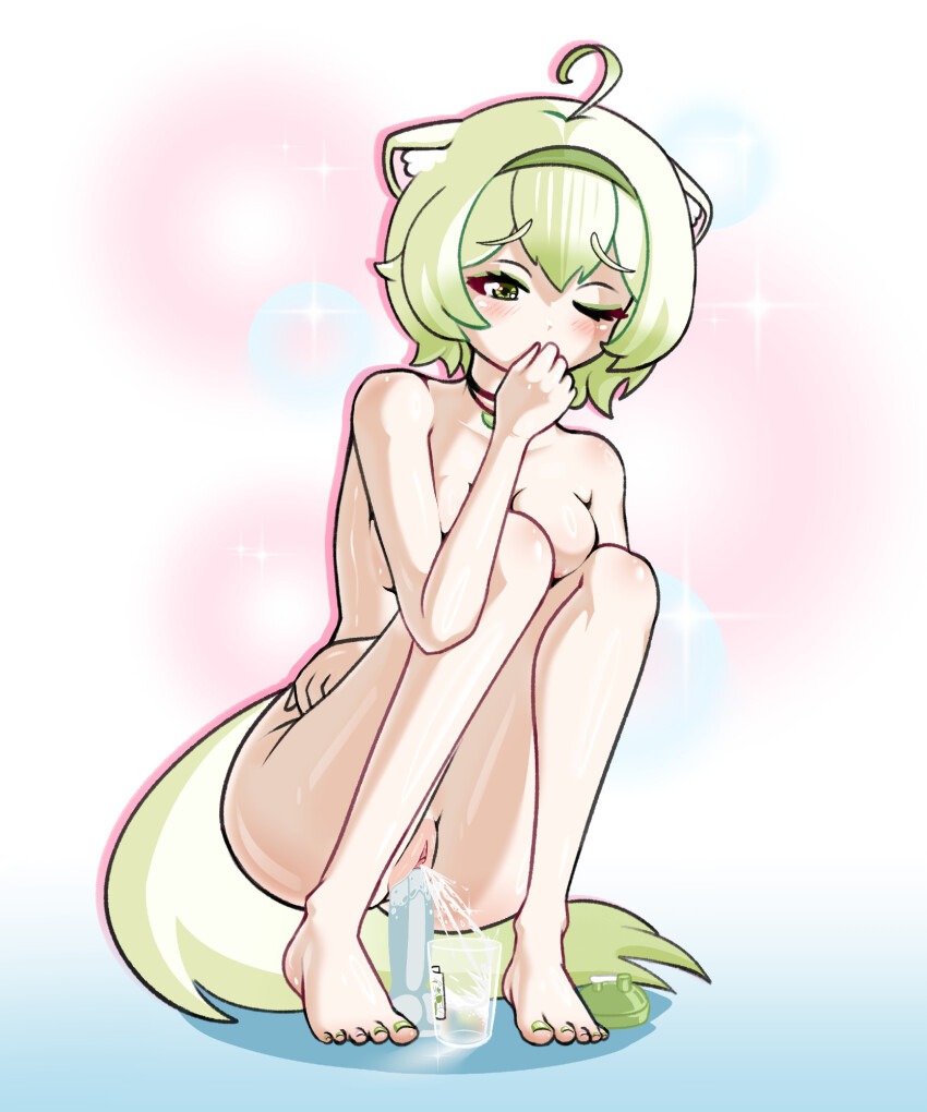 1girl ahoge animal_ears ass breasts breasts_squeezed_together cup dildo feet female_ejaculation female_focus female_masturbation ferret_ears ferret_girl ferret_tail food fruit gamer_supps green_eyes green_hair headband highres jewelry laimu_(vtuber) legs lime_(fruit) masturbation necklace nude object_insertion pussy pussy_juice pussy_juice_in_container sami_touchbutt sex_toy small_breasts solo squatting tail vaginal vaginal_object_insertion virtual_youtuber wet