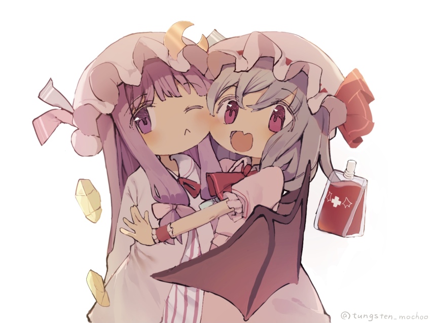 2girls :d ;&lt; arm_behind_back ascot bat_wings blonde_hair blood blood_bag blush bow chibi chibi_only closed_mouth crescent crescent_hat_ornament dress fang frilled_hat frilled_sleeves frills hair_between_eyes hair_bow hat hat_bow hat_ornament hat_ribbon highres hug jacket long_hair looking_at_another looking_at_viewer medium_hair mob_cap multiple_girls open_hand open_mouth outstretched_arm patchouli_knowledge pink_eyes pink_hair plus_sign puffy_sleeves purple_eyes purple_hair red_ascot red_ribbon remilia_scarlet ribbon sidelocks simple_background smile touhou tungsten_mochoo twitter_username watermark white_background wings