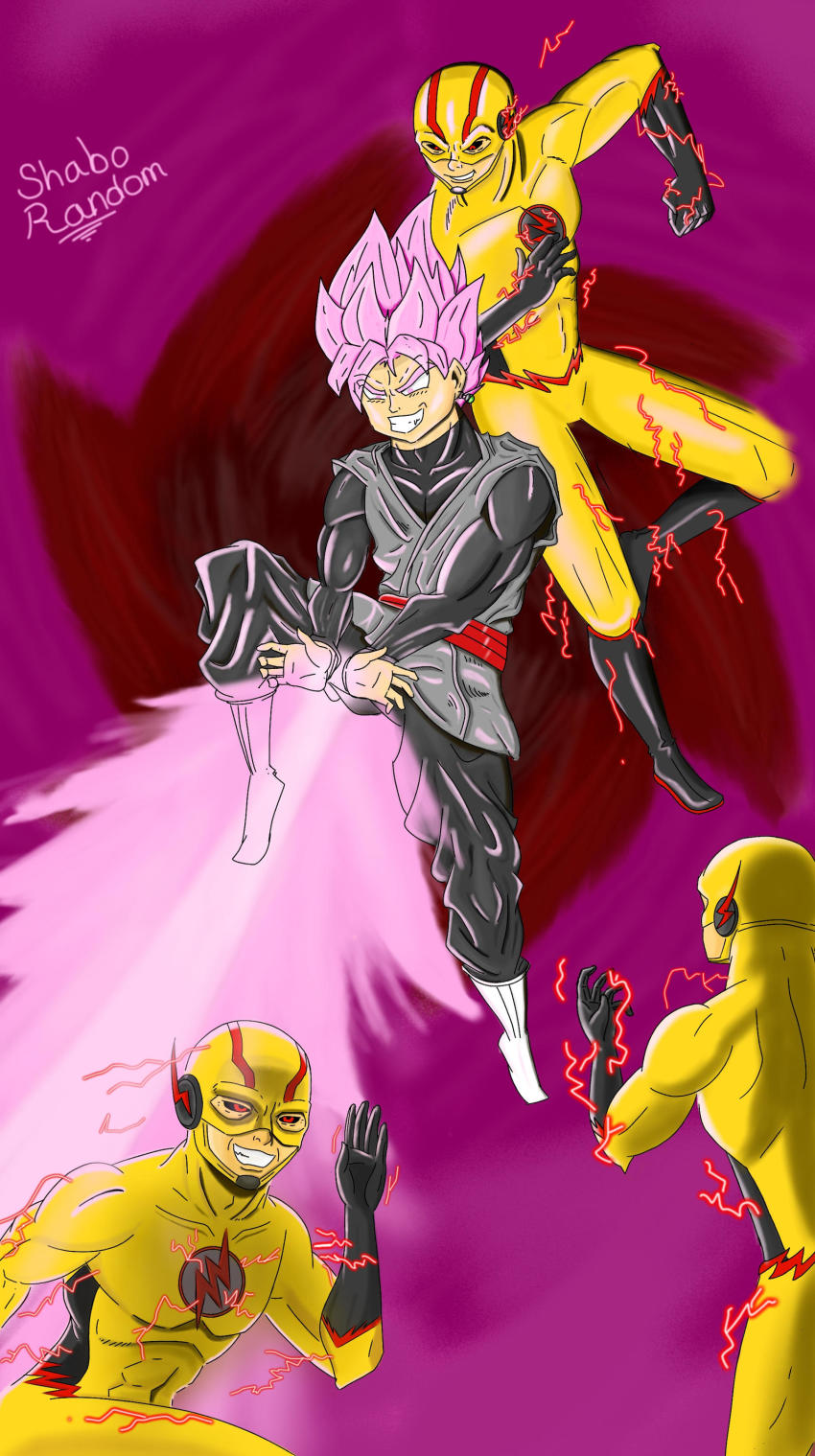 2boys absurdres battle black_sclera bodysuit boots colored_sclera costume dc_comics death_battle dougi dragon_ball dragon_ball_super dual_wielding earrings electricity eobard_thawne evil_grin evil_smile fighting gloves goku_black grin highres holding insignia jewelry long_sleeves mask multiple_boys pink_eyes pink_hair potara_earrings professor_zoom red_eyes reverse_flash ring shabo-random single_earring smile son_goku spiked_hair super_saiyan super_saiyan_rose teeth the_flash_(series) yellow_bodysuit