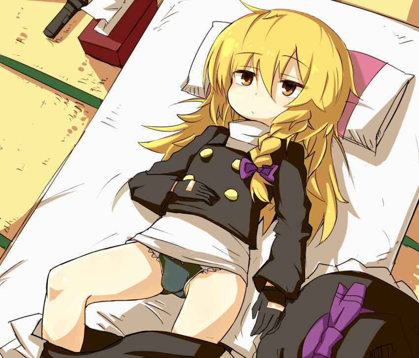 1boy ayuki_(47881314) black_coat black_gloves black_hat black_skirt blonde_hair bow braid bulge buttons closed_mouth coat commentary_request cookie_(touhou) crossdressing expressionless feet_out_of_frame futon genderswap genderswap_(ftm) gloves grey_panties hair_between_eyes hair_bow hand_on_own_stomach hat kirisame_marisa long_bangs long_hair lying male_focus microphone on_back on_bed orange_eyes panties petticoat pillow purple_bow rei_(cookie) shirt side_braid single_braid skirt skirt_around_ankles solo tissue_box touhou trap turtleneck turtleneck_shirt underwear unworn_hat unworn_headwear white_shirt witch_hat