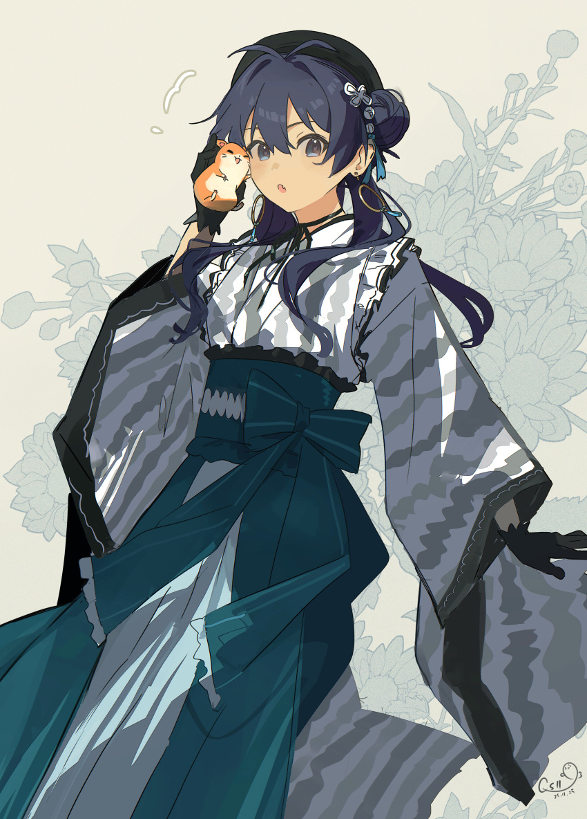 1girl :o absurdres animal antenna_hair aqua_bow black_gloves black_ribbon blue_eyes blue_hair bow choker commentary_request earrings fang feet_out_of_frame frilled_kimono frills ganaha_hibiki gloves hair_bun hair_ornament hamster hamuzou hand_up highres holding holding_animal hoop_earrings idolmaster idolmaster_(classic) japanese_clothes jewelry kimono long_hair long_sleeves looking_at_viewer obi obiage open_mouth qs11 ribbon ribbon_choker sash single_hair_bun skin_fang wide_sleeves