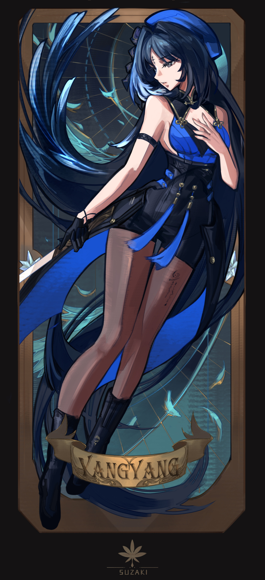 1girl absurdres arm_strap artist_logo bare_shoulders beret black_boots black_collar black_eyes black_gloves black_hair black_pantyhose black_skirt blue_hat blue_shirt boots breasts character_name collar commentary feather_hair gloves hand_up hat high-waist_skirt highres holding holding_sword holding_weapon logo looking_to_the_side medium_breasts multicolored_hair pantyhose shirt single_glove skirt solo steve_zheng streaked_hair sword tacet_mark_(wuthering_waves) weapon wuthering_waves yangyang_(wuthering_waves)