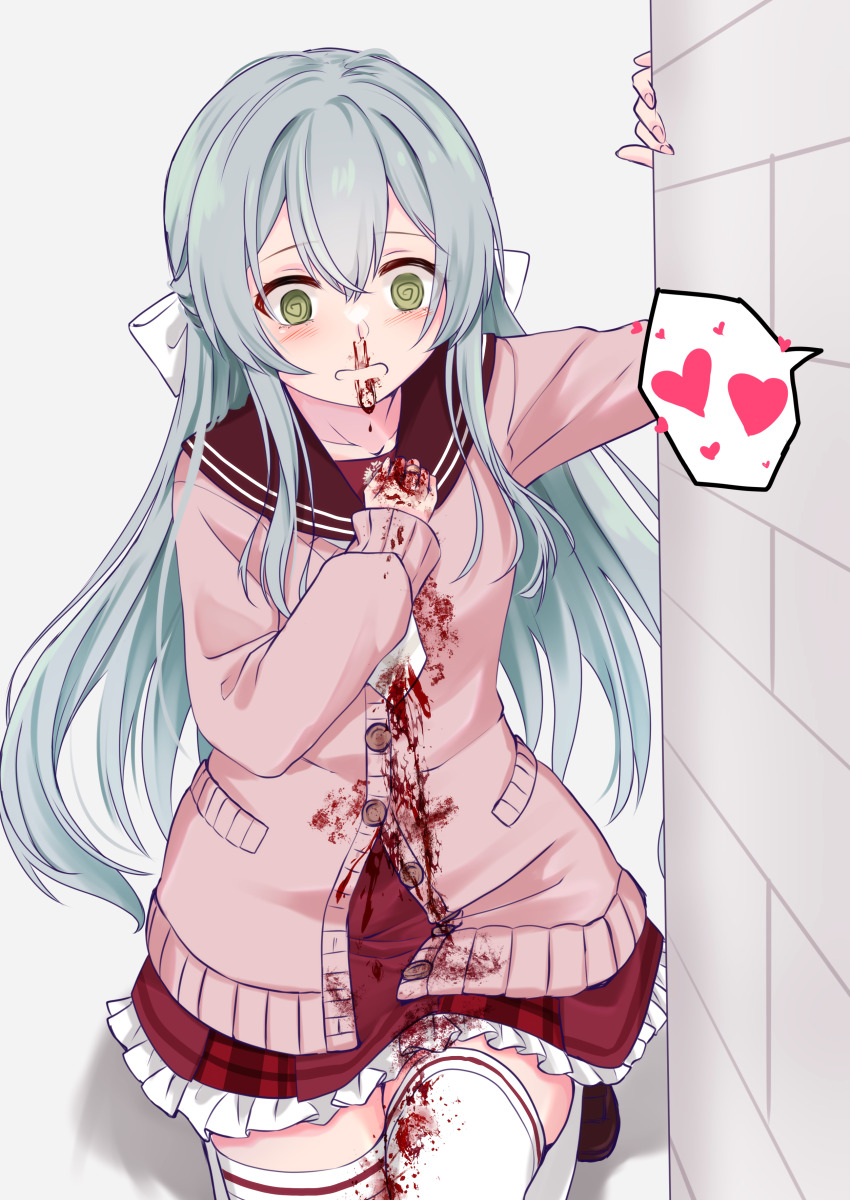 1girl @_@ absurdres aqua_hair arm_up aroused_nosebleed assault_lily blood blood_on_clothes blood_on_face blood_on_hands blood_on_leg blush bow brown_cardigan brown_sailor_collar brown_shoes buttons cardigan collarbone commentary_request crossed_bangs eeryuu_(2004107) excessive_nosebleed fingernails frilled_skirt frills green_eyes grey_background hair_between_eyes hair_bow hand_on_own_chest hand_on_wall hand_up heart highres kanba_girls_high_school_uniform knees_out_of_frame long_hair long_sleeves looking_ahead miniskirt necktie nosebleed on_one_knee parted_lips partially_unbuttoned plaid_clothes plaid_skirt red_skirt sailor_collar school_uniform serafuku shoes short_necktie sidelocks simple_background skirt solo speech_bubble spoken_heart thighhighs toki_kureha very_long_hair white_bow white_necktie white_thighhighs zettai_ryouiki